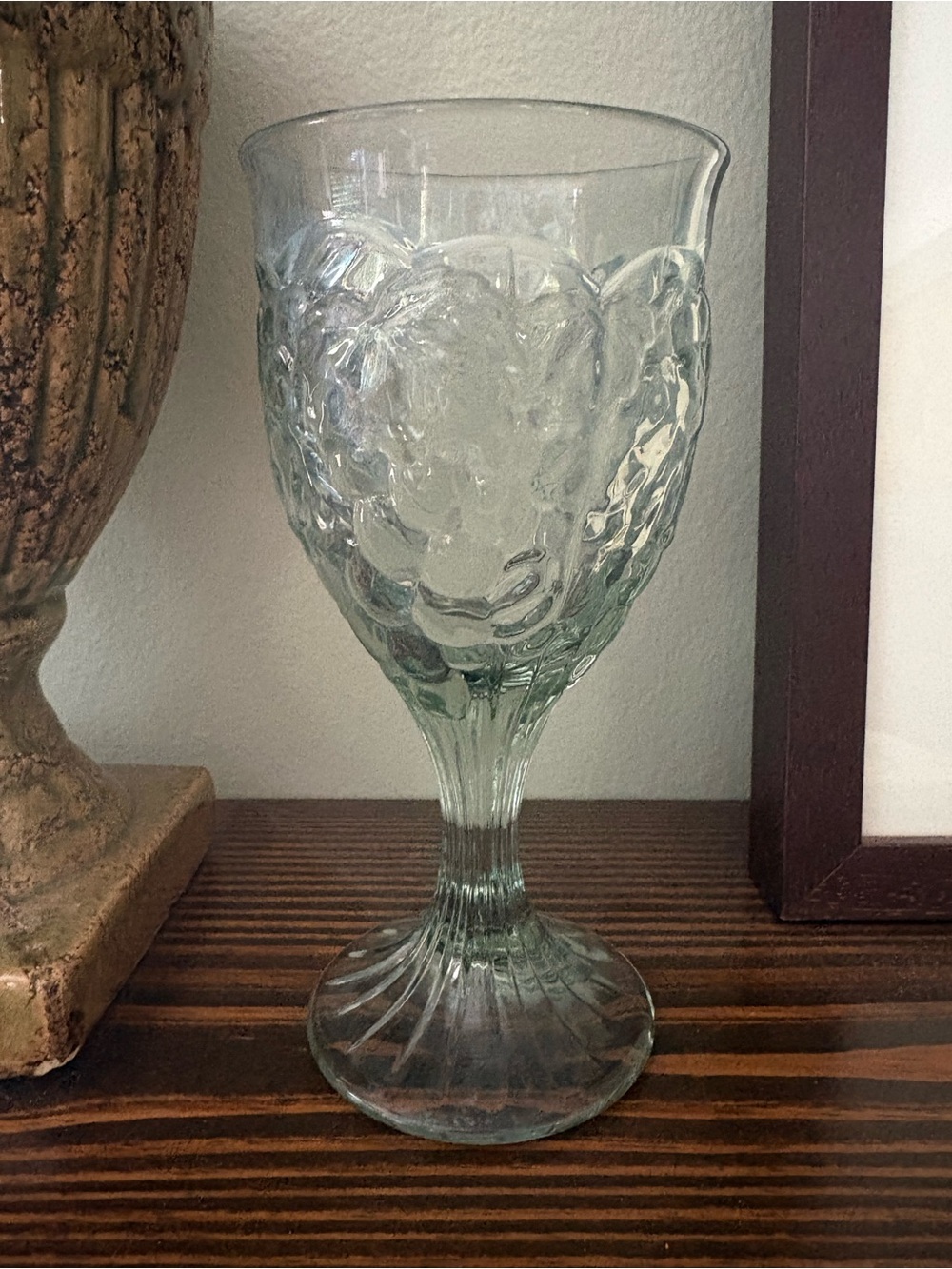 Vintage Indiana Glass Style Clear/Green Fruit Goblet 7”